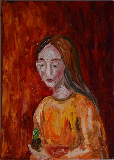 Картина под названием "Girl in a yellow sw…" - Viktoriia Sakharova, Подлинное произведение искусства, Масло