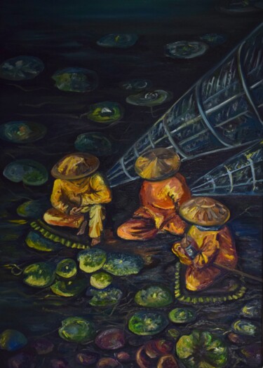 Картина под названием "On the lake" - Viktoriia Sakharova, Подлинное произведение искусства, Масло