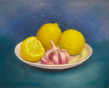 Картина под названием "A Plate of Lemons a…" - Viktoriia Shalaiko, Подлинное произведение искусства, Масло