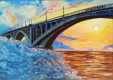 Pittura intitolato "The Bridge on Sunse…" da Viktoriya Filipchenko, Opera d'arte originale, Olio Montato su Telaio per barel…