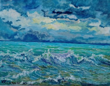 Painting titled "Stormy Sea Painting…" by Viktoriya Filipchenko, Original Artwork, Oil Mounted on Wood Stretcher frame