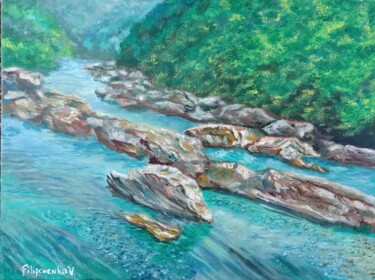 Pintura intitulada "Mountain River Pain…" por Viktoriya Filipchenko, Obras de arte originais, Óleo Montado em Armação em mad…