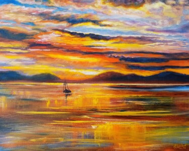 Картина под названием "Yellow Sunset Sea P…" - Viktoriya Filipchenko, Подлинное произведение искусства, Масло Установлен на…