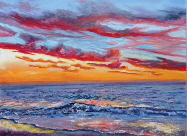 Pittura intitolato "Red Sunset Sea Pain…" da Viktoriya Filipchenko, Opera d'arte originale, Olio Montato su Telaio per barel…