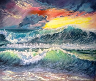 Schilderij getiteld "Stormy Ocean Wave P…" door Viktoriya Filipchenko, Origineel Kunstwerk, Olie Gemonteerd op Frame voor ho…