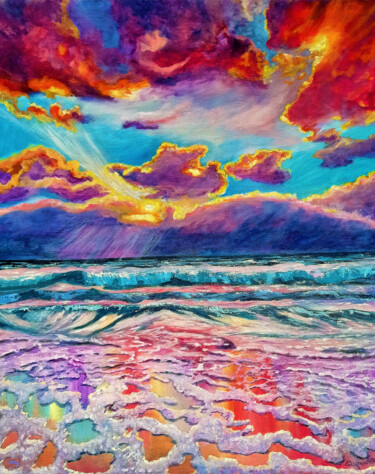 Painting titled "Sunset Sea Painting…" by Viktoriya Filipchenko, Original Artwork, Oil Mounted on Cardboard
