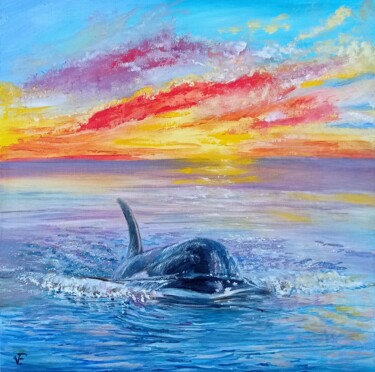 Peinture intitulée "Orca Whale At Sunse…" par Viktoriya Filipchenko, Œuvre d'art originale, Huile Monté sur Carton