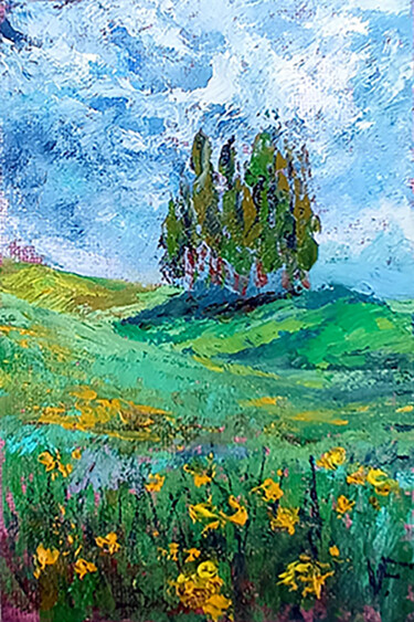 Schilderij getiteld "Tuscany Cypress Hil…" door Viktoriya Filipchenko, Origineel Kunstwerk, Olie Gemonteerd op Karton