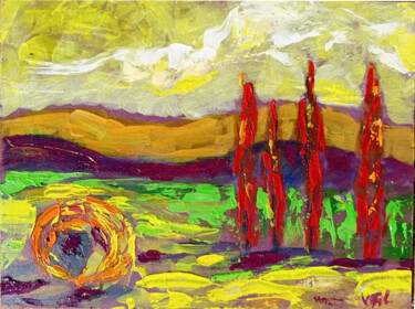 Painting titled "Red Tuscany Landsca…" by Viktoriya Filipchenko, Original Artwork, Oil