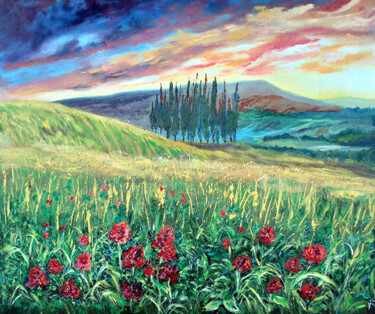 Malarstwo zatytułowany „Tuscany Sunset Hill…” autorstwa Viktoriya Filipchenko, Oryginalna praca, Olej Zamontowany na Drewnia…
