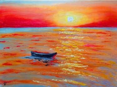 Pintura titulada "The Boat On Red Sun…" por Viktoriya Filipchenko, Obra de arte original, Oleo Montado en Cartulina