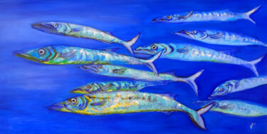 Painting titled "Barracuda Fish Unde…" by Viktoriya Filipchenko, Original Artwork, Oil Mounted on Wood Stretcher frame