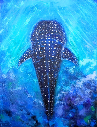 Painting titled "Whale Shark Ocean A…" by Viktoriya Filipchenko, Original Artwork, Oil Mounted on Wood Stretcher frame