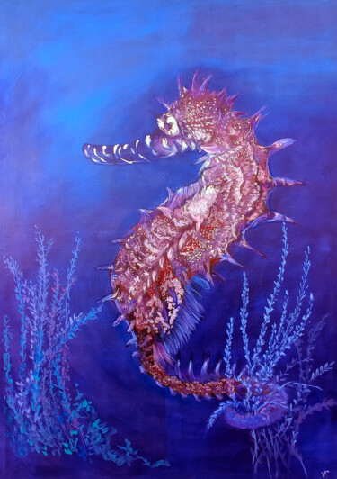 Painting titled "Seahorse Underwater…" by Viktoriya Filipchenko, Original Artwork, Oil Mounted on Wood Stretcher frame