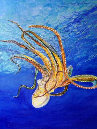 Painting titled "Octopus Underwater…" by Viktoriya Filipchenko, Original Artwork, Oil Mounted on Wood Stretcher frame
