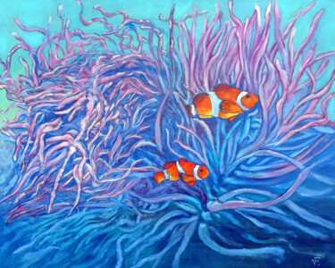 Pintura titulada "Clownfish In Actini…" por Viktoriya Filipchenko, Obra de arte original, Oleo Montado en Bastidor de camill…