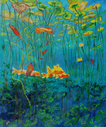Pittura intitolato "Fish On The Pond Bo…" da Viktoriya Filipchenko, Opera d'arte originale, Olio Montato su Telaio per barel…