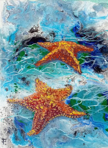 Painting titled "Starfish In Blue Wa…" by Viktoriya Filipchenko, Original Artwork, Oil Mounted on Wood Stretcher frame