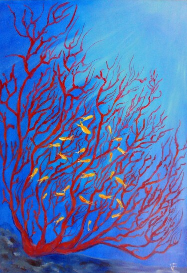 Painting titled "Red Coral Painting…" by Viktoriya Filipchenko, Original Artwork, Oil Mounted on Wood Stretcher frame
