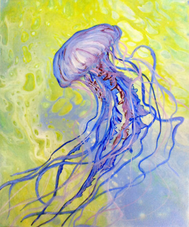 Painting titled "Small Jellyfish Und…" by Viktoriya Filipchenko, Original Artwork, Oil Mounted on Wood Stretcher frame