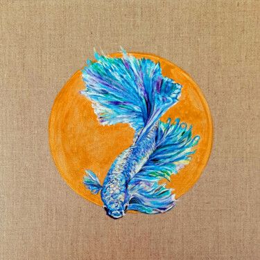 Painting titled "Beta Fish Blue." by Viktoriya Filipchenko, Original Artwork, Acrylic Mounted on Cardboard