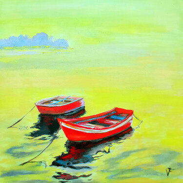 Painting titled "The Red Boats." by Viktoriya Filipchenko, Original Artwork, Oil Mounted on Wood Stretcher frame