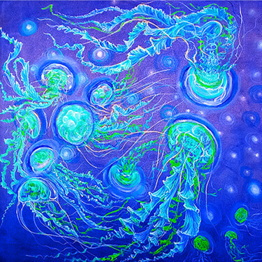 Pittura intitolato "Jellyfish underwate…" da Viktoriya Filipchenko, Opera d'arte originale, Olio Montato su Telaio per barel…
