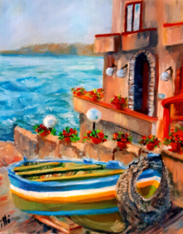 Painting titled "Boat Italian Citysc…" by Viktoriya Filipchenko, Original Artwork, Oil Mounted on Wood Stretcher frame
