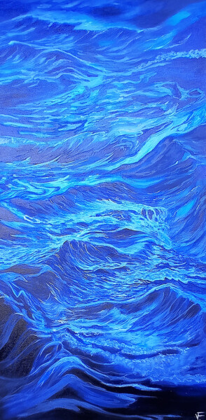 Painting titled "Deep Blue Ocean Wat…" by Viktoriya Filipchenko, Original Artwork, Oil Mounted on Wood Stretcher frame