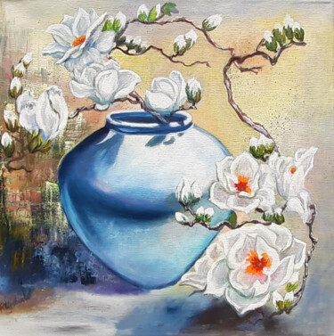 Painting titled "White Orchid Painti…" by Viktoriya Filipchenko, Original Artwork, Oil Mounted on Wood Stretcher frame