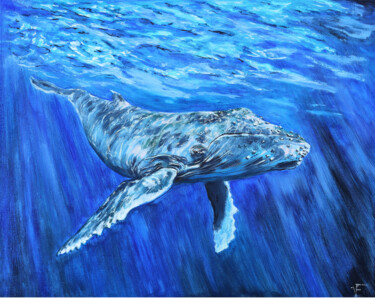 Painting titled "The Big Blue Whale." by Viktoriya Filipchenko, Original Artwork, Oil Mounted on Wood Stretcher frame
