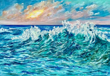 Painting titled "Green Sea Waves Sea…" by Viktoriya Filipchenko, Original Artwork, Oil Mounted on Wood Stretcher frame