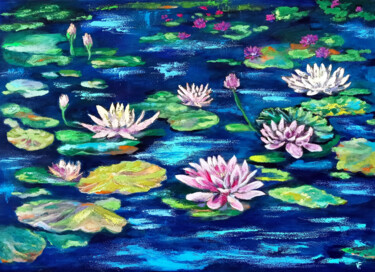 Schilderij getiteld "Water Lillies Pond." door Viktoriya Filipchenko, Origineel Kunstwerk, Olie Gemonteerd op Frame voor hou…
