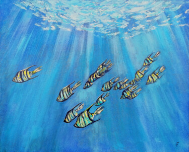 Painting titled "Ocean Fish." by Viktoriya Filipchenko, Original Artwork, Oil Mounted on Wood Stretcher frame