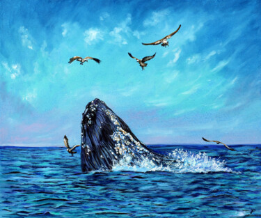 Painting titled "The Blue Whale With…" by Viktoriya Filipchenko, Original Artwork, Oil Mounted on Wood Stretcher frame