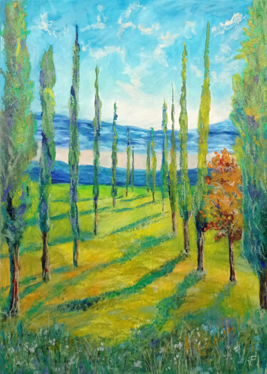 Peinture intitulée "I cipressi." par Viktoriya Filipchenko, Œuvre d'art originale, Huile Monté sur Châssis en bois