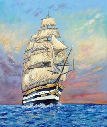 Pittura intitolato "Ship Amerigo Vespuc…" da Viktoriya Filipchenko, Opera d'arte originale, Olio Montato su Telaio per barel…