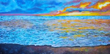 Painting titled "Sunset sky on ocean." by Viktoriya Filipchenko, Original Artwork, Oil Mounted on Wood Stretcher frame