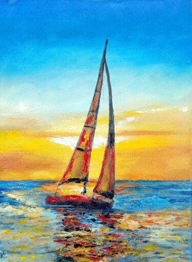 Malerei mit dem Titel "Sailboat On Sunset…" von Viktoriya Filipchenko, Original-Kunstwerk, Öl Auf Keilrahmen aus Holz montie…