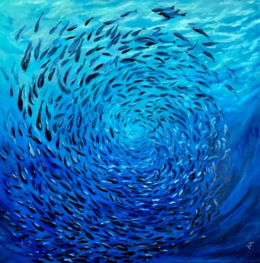 Pintura intitulada "Cerchio dei pesci." por Viktoriya Filipchenko, Obras de arte originais, Óleo Montado em Armação em madei…