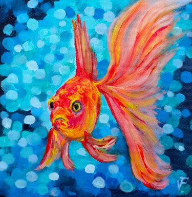 「Goldfish Red.」というタイトルの絵画 Viktoriya Filipchenkoによって, オリジナルのアートワーク, オイル ウッドストレッチャーフレームにマウント
