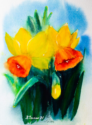 Malerei mit dem Titel "yellow daffodils on…" von Viktoriia Gaman, Original-Kunstwerk, Aquarell