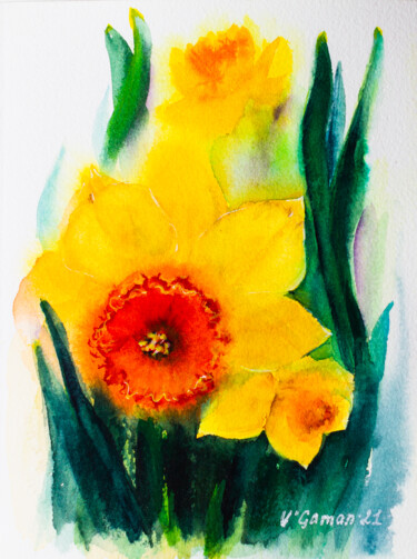 Painting titled "yellow daffodils" by Виктория Гаман, Original Artwork, Watercolor