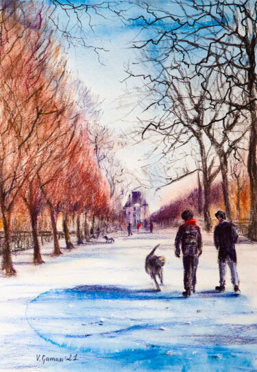 Картина под названием "Winter snowy day in…" - Виктория Гаман, Подлинное произведение искусства, Пастель