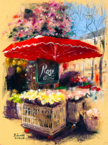 Painting titled "Flower shop in Pari…" by Viktoriia Gaman, Original Artwork, Pastel