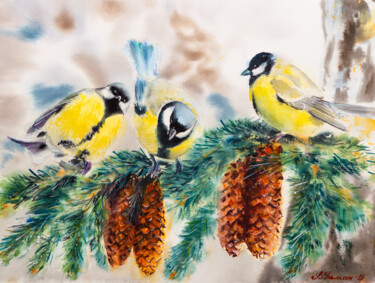 Painting titled "Tits on a spruce br…" by Viktoriia Gaman, Original Artwork, Watercolor