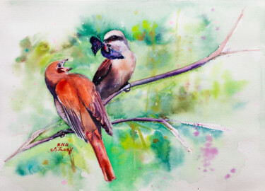 Painting titled "Julan bird feeds hi…" by Viktoriia Gaman, Original Artwork, Watercolor