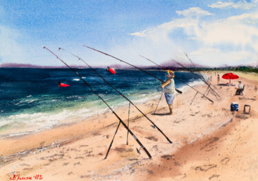 Ζωγραφική με τίτλο "Beach, fisherman fi…" από Виктория Гаман, Αυθεντικά έργα τέχνης, Ακουαρέλα