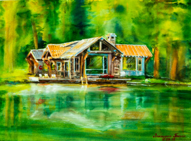 Pittura intitolato "Wooden cottage by t…" da Viktoriia Gaman, Opera d'arte originale, Acquarello