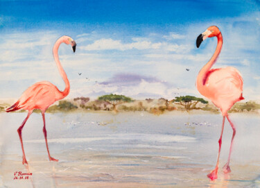 Schilderij getiteld "Africa, Pink Flamin…" door Viktoriia Gaman, Origineel Kunstwerk, Aquarel